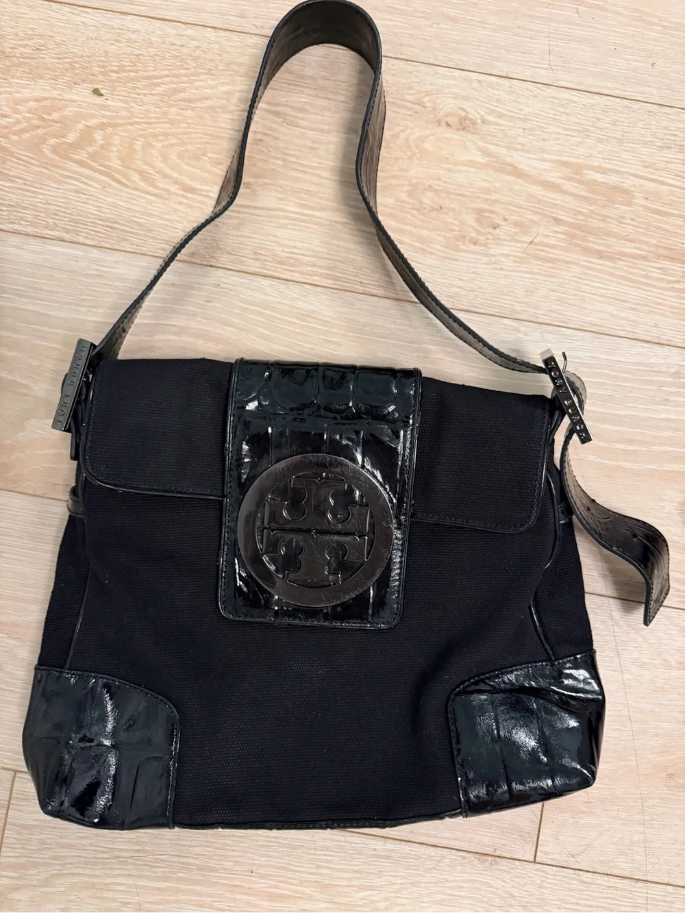 Tory Burch Black Canvas Shoulder Bag with Patent Trim